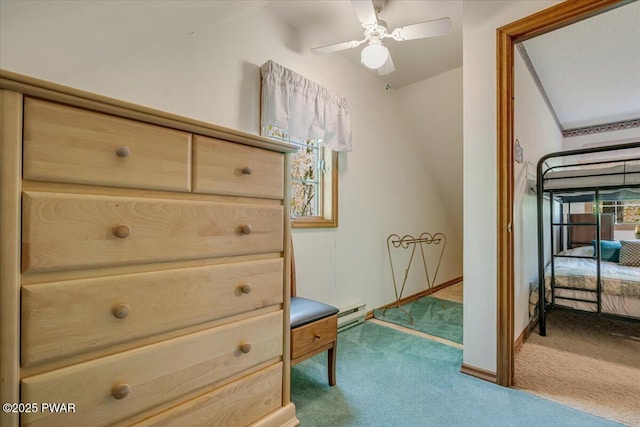 146 Cove Point Cir, Lakeville, PA 18438 - carpeted bedroom with lofted ceiling, baseboards, ceiling fan, and a baseboard heating unit