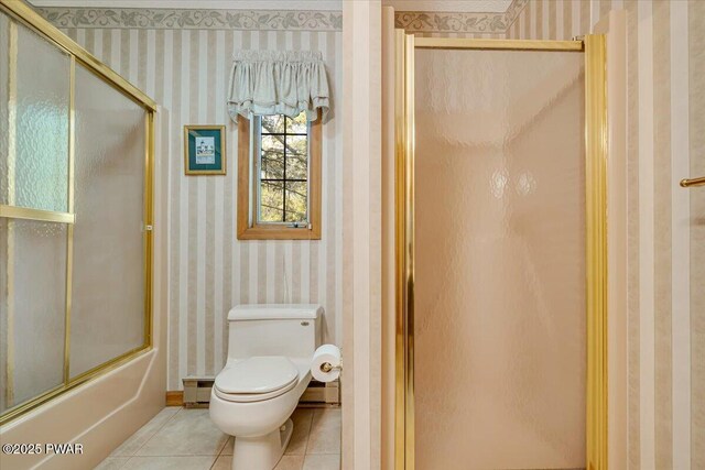 146 Cove Point Cir, Lakeville, PA 18438 - full bathroom with tile patterned floors, wallpapered walls, shower / bath combination with glass door, toilet, and a baseboard heating unit