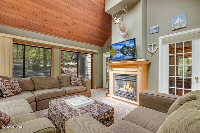146 Cove Point Cir, Lakeville, PA 18438 - living area featuring vaulted ceiling, carpet flooring, a glass covered fireplace, and wood ceiling