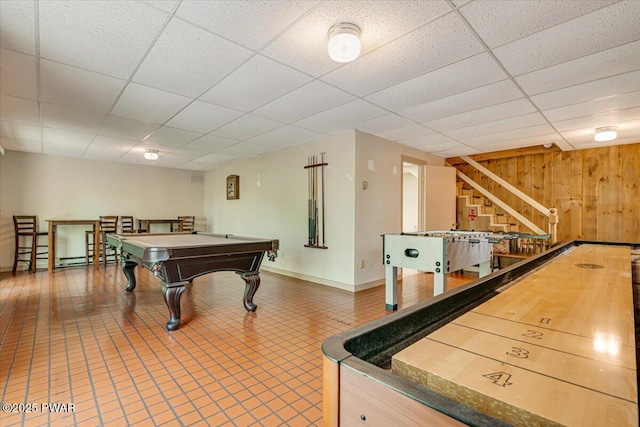 146 Cove Point Cir, Lakeville, PA 18438 - rec room featuring wood walls, a paneled ceiling, baseboards, and billiards