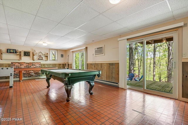 146 Cove Point Cir, Lakeville, PA 18438 - rec room featuring a baseboard radiator, wainscoting, a drop ceiling, pool table, and wooden walls
