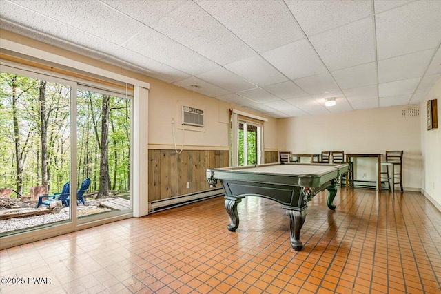 146 Cove Point Cir, Lakeville, PA 18438 - rec room with a baseboard heating unit, wainscoting, a wall unit AC, a drop ceiling, and billiards