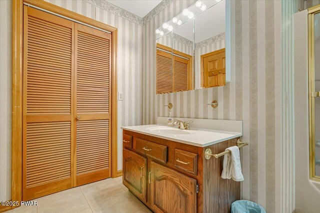 146 Cove Point Cir, Lakeville, PA 18438 - bathroom featuring wallpapered walls, tile patterned flooring, and vanity