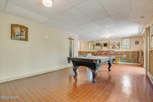146 Cove Point Cir, Lakeville, PA 18438 - playroom featuring a drop ceiling, billiards, wainscoting, wooden walls, and baseboards