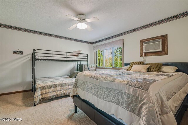 146 Cove Point Cir, Lakeville, PA 18438 - bedroom with carpet floors, a textured ceiling, a ceiling fan, an AC wall unit, and crown molding