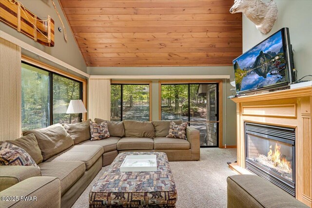 146 Cove Point Cir, Lakeville, PA 18438 - carpeted living room with lofted ceiling, a glass covered fireplace, and wooden ceiling