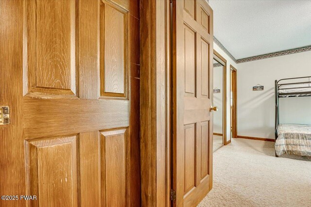 146 Cove Point Cir, Lakeville, PA 18438 - corridor featuring light carpet, ornamental molding, a textured ceiling, and baseboards