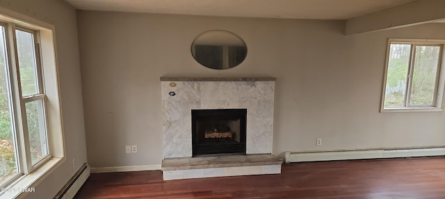 171 Flatbrook Way, Milford, PA 18337 - room details featuring baseboards, a fireplace with raised hearth, a baseboard heating unit, and wood finished floors