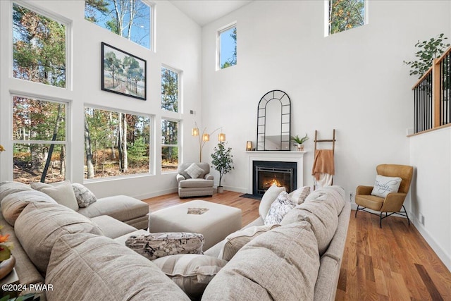 living room featuring hardwood / wood-style floors and a towering ceiling