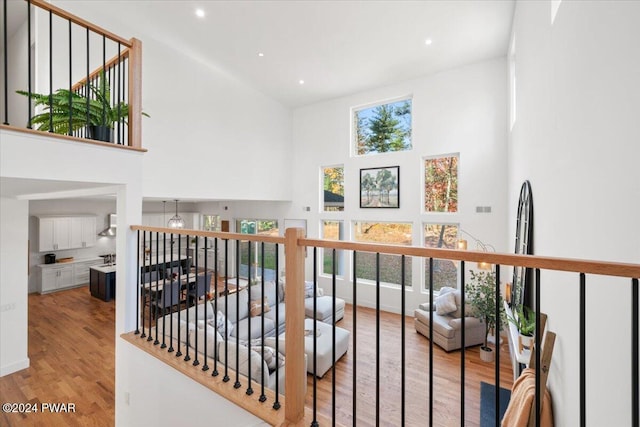 hall with light hardwood / wood-style floors and a high ceiling