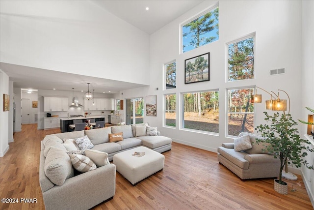 living room featuring light wood-type flooring and a high ceiling