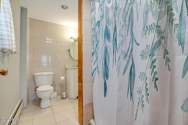 bathroom with baseboard heating, tile patterned floors, toilet, tile walls, and a shower with shower curtain