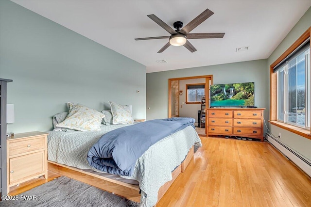 bedroom featuring light hardwood / wood-style flooring, baseboard heating, and ceiling fan