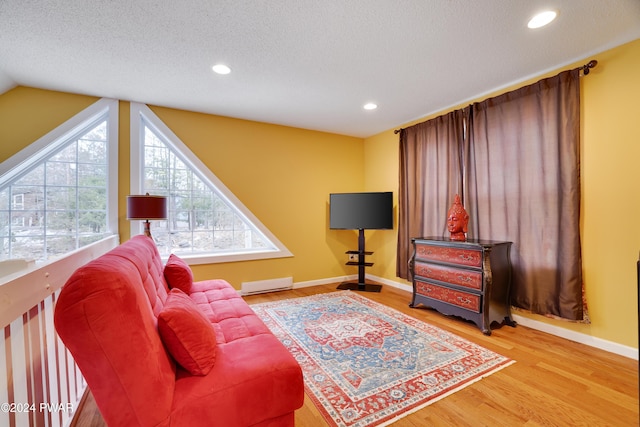 living room featuring vaulted ceiling, a baseboard radiator, a textured ceiling, and wood-type flooring