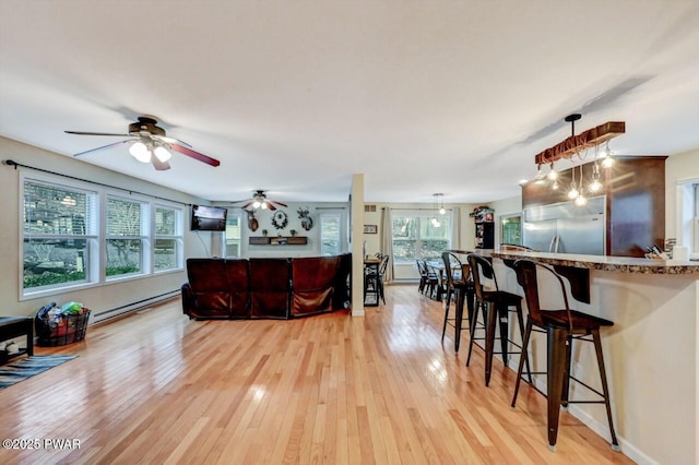 living room with a baseboard radiator and light wood-style floors