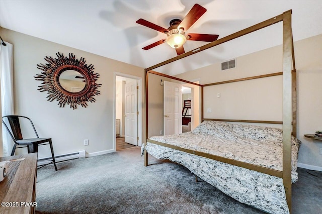 carpeted bedroom featuring a baseboard radiator, ensuite bath, visible vents, and baseboards