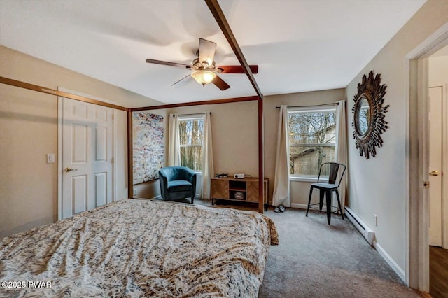 bedroom featuring carpet, multiple windows, ceiling fan, and baseboards