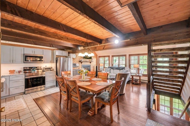 29 Tanglewood Ln, Lake Ariel, PA 18436 - dining space with a wooden ceiling with exposed beams, plenty of natural light, and light tile patterned flooring