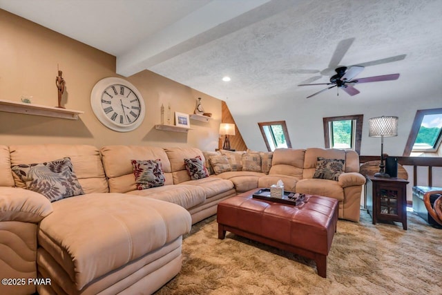 29 Tanglewood Ln, Lake Ariel, PA 18436 - living room featuring a ceiling fan, light carpet, beamed ceiling, recessed lighting, and a textured ceiling