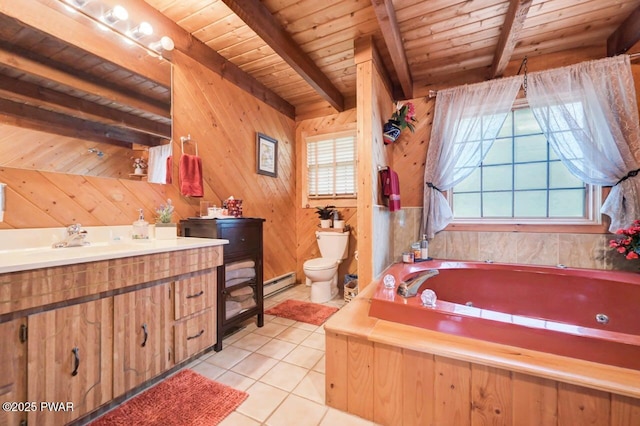 29 Tanglewood Ln, Lake Ariel, PA 18436 - bathroom featuring baseboard heating, vanity, a wood ceiling with exposed beams, a tub with jets, and tile patterned flooring