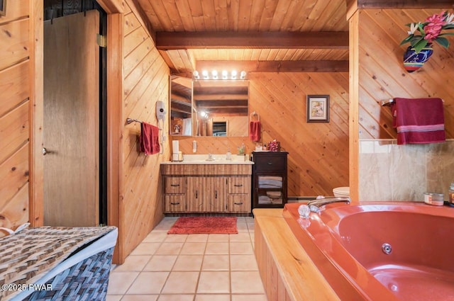 29 Tanglewood Ln, Lake Ariel, PA 18436 - full bathroom with vanity, a tub with jets, wood walls, tile patterned flooring, and a wooden ceiling with exposed beams