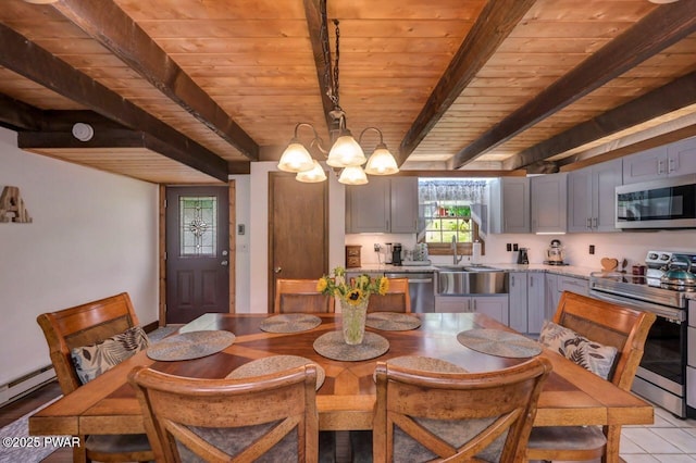29 Tanglewood Ln, Lake Ariel, PA 18436 - dining room featuring a wood ceiling with exposed beams, a chandelier, and baseboard heating