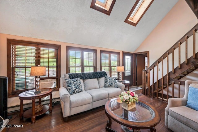 29 Tanglewood Ln, Lake Ariel, PA 18436 - living room with a skylight, wood finished floors, lofted ceiling, a textured ceiling, and stairway