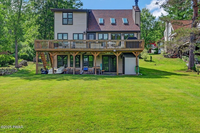 29 Tanglewood Ln, Lake Ariel, PA 18436 - back of property with a wooden deck, a yard, roof with shingles, a chimney, and stairs