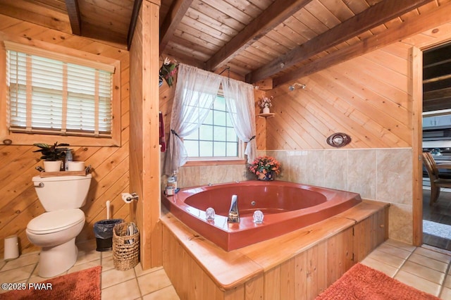 29 Tanglewood Ln, Lake Ariel, PA 18436 - full bathroom featuring tile patterned flooring, a wood ceiling with exposed beams, a whirlpool tub, and wood walls