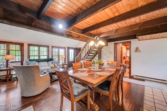 29 Tanglewood Ln, Lake Ariel, PA 18436 - dining space featuring stairs, a baseboard radiator, a wooden ceiling with exposed beams, dark wood-style floors, and a chandelier
