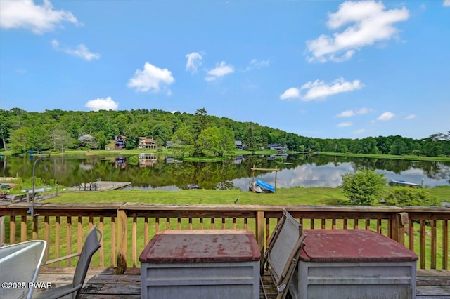 29 Tanglewood Ln, Lake Ariel, PA 18436 - wooden terrace featuring a water view, a forest view, and a yard