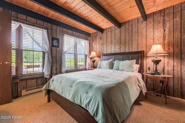 29 Tanglewood Ln, Lake Ariel, PA 18436 - bedroom featuring wooden walls, carpet floors, a baseboard heating unit, and a wood ceiling with exposed beams