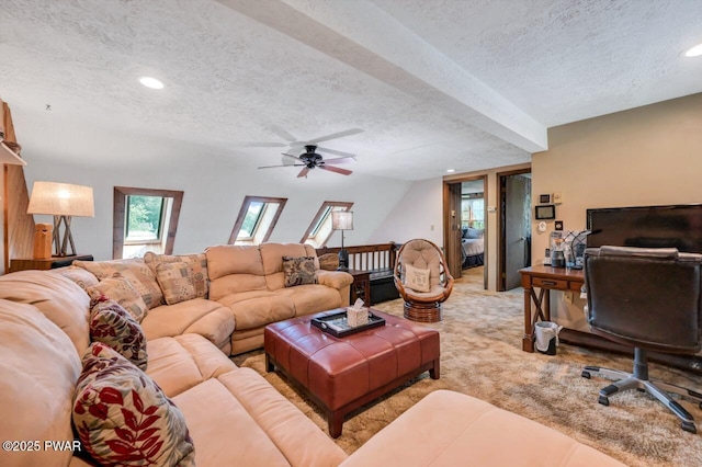 29 Tanglewood Ln, Lake Ariel, PA 18436 - living room featuring a textured ceiling, light colored carpet, recessed lighting, ceiling fan, and beam ceiling