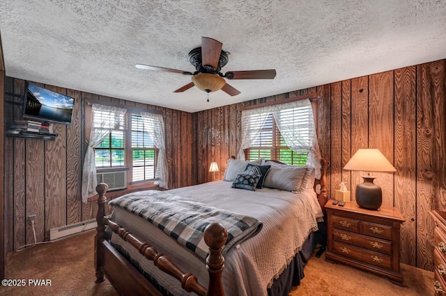 29 Tanglewood Ln, Lake Ariel, PA 18436 - bedroom featuring carpet, baseboard heating, wood walls, a textured ceiling, and cooling unit