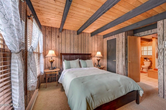 29 Tanglewood Ln, Lake Ariel, PA 18436 - bedroom featuring carpet floors, wooden walls, a wooden ceiling with exposed beams, and ensuite bathroom