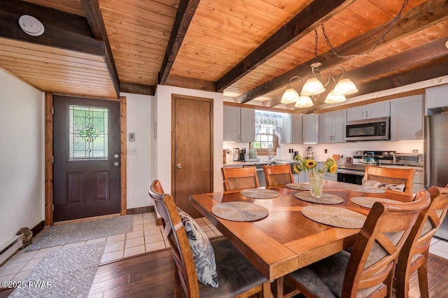 29 Tanglewood Ln, Lake Ariel, PA 18436 - dining area featuring a wooden ceiling with exposed beams, plenty of natural light, dark wood finished floors, and baseboard heating