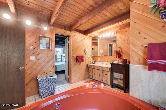 29 Tanglewood Ln, Lake Ariel, PA 18436 - full bathroom featuring a wooden ceiling with exposed beams, a garden tub, vanity, connected bathroom, and wooden walls