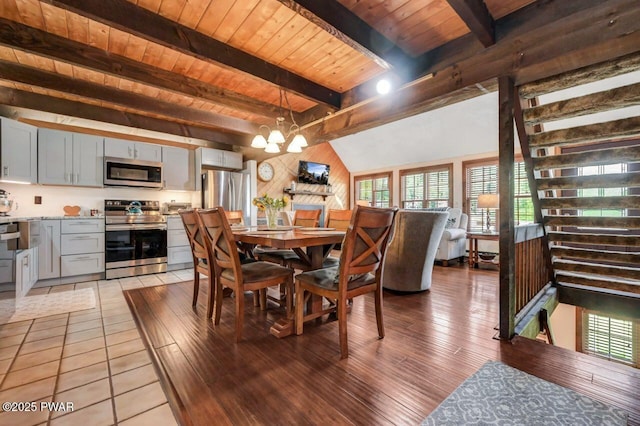 29 Tanglewood Ln, Lake Ariel, PA 18436 - dining room featuring a wood ceiling with exposed beams, healthy amount of natural light, a chandelier, and light wood-style floors