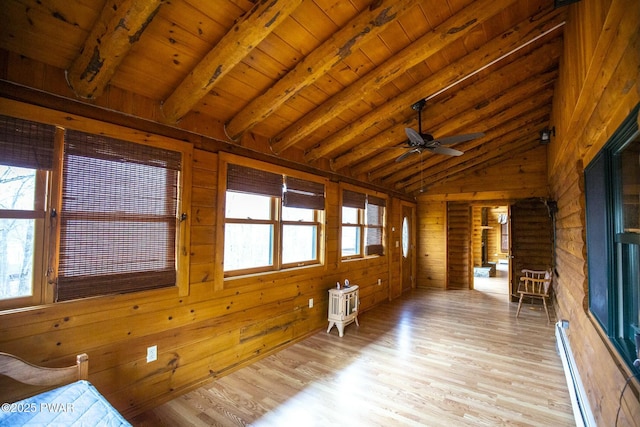 unfurnished sunroom with lofted ceiling with beams, a baseboard radiator, ceiling fan, and wood ceiling