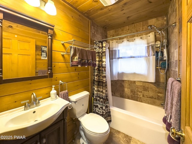 full bathroom with toilet, shower / tub combo with curtain, wooden walls, and wood ceiling