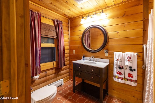 bathroom featuring vanity, wooden ceiling, tile patterned flooring, toilet, and log walls