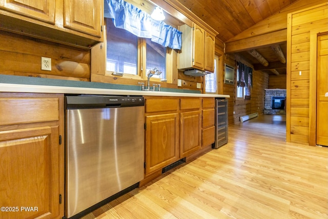 kitchen featuring wood walls, wooden ceiling, wine cooler, stainless steel dishwasher, and light wood-type flooring