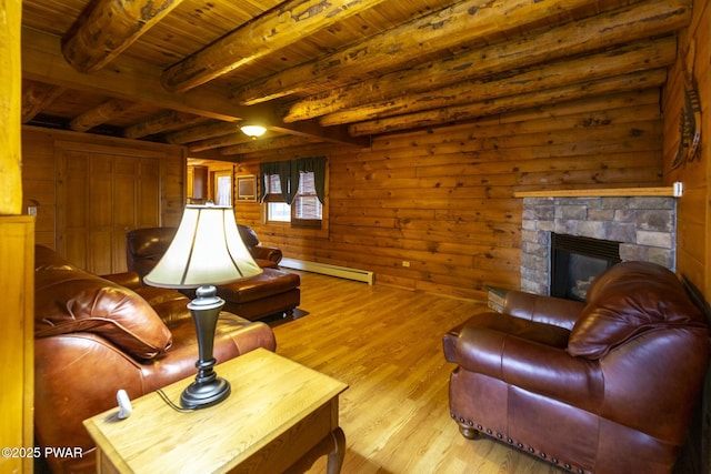 living room with beam ceiling, light hardwood / wood-style flooring, a baseboard heating unit, a fireplace, and wood ceiling