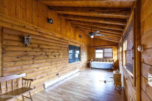 unfurnished bedroom featuring log walls, light wood-type flooring, lofted ceiling with beams, and wood ceiling