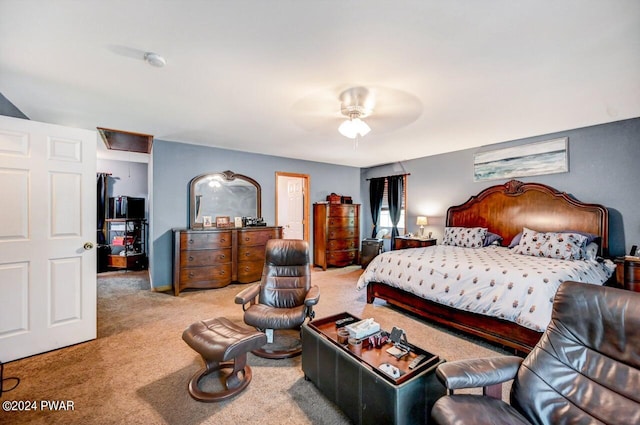 carpeted bedroom with ceiling fan