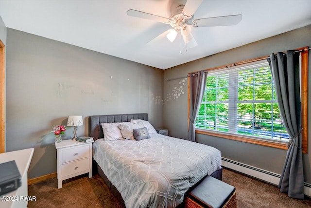 bedroom featuring dark carpet, ceiling fan, and a baseboard heating unit