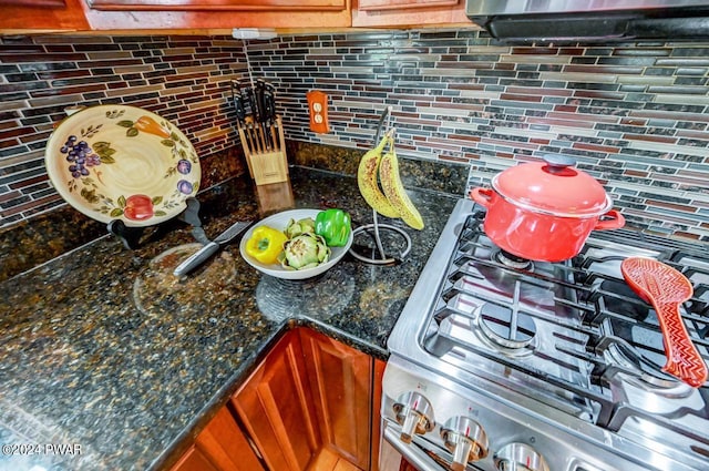 interior details featuring stove, tasteful backsplash, and dark stone countertops