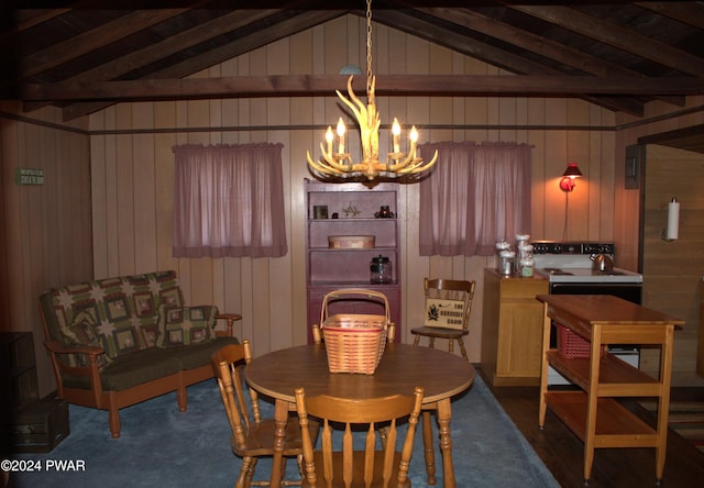 123 Mosier Rd, Dingmans Ferry, PA 18328 - dining space with vaulted ceiling with beams, wooden walls, and an inviting chandelier