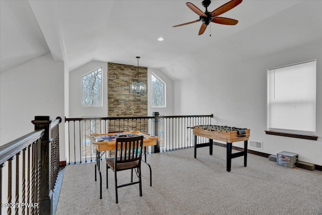 101 Maple Leaf Rd, Lackawaxen, PA 18435 - game room featuring visible vents, carpet floors, baseboards, vaulted ceiling, and ceiling fan with notable chandelier