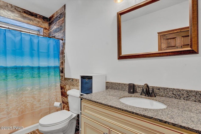 101 Maple Leaf Rd, Lackawaxen, PA 18435 - bathroom featuring toilet, vanity, a shower with shower curtain, and tile walls